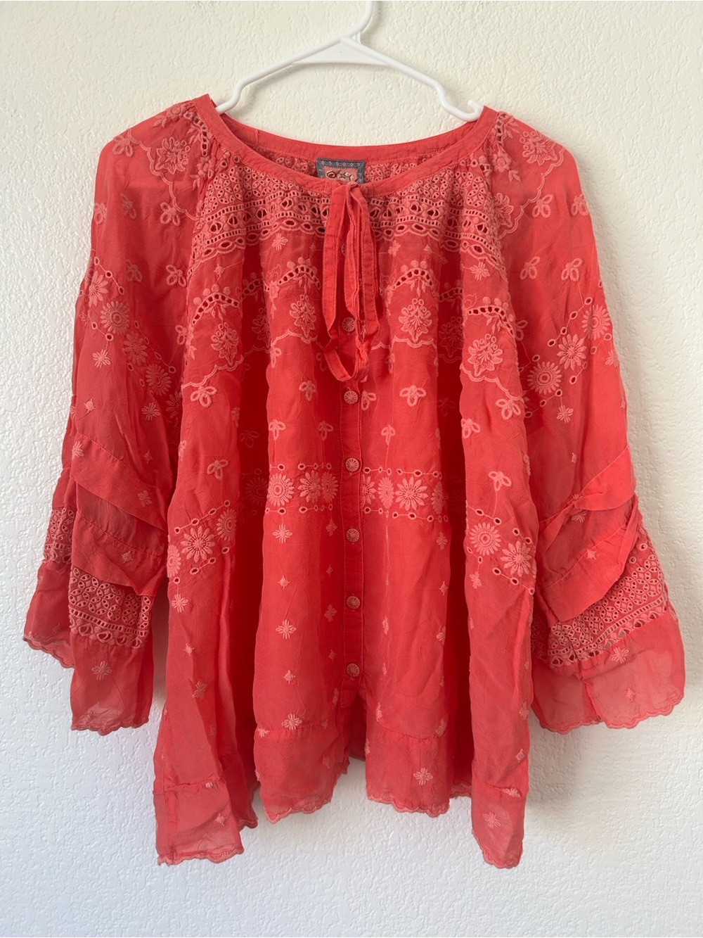 Johnny Was Coral Red Embroidered Tie-Neck Tunic